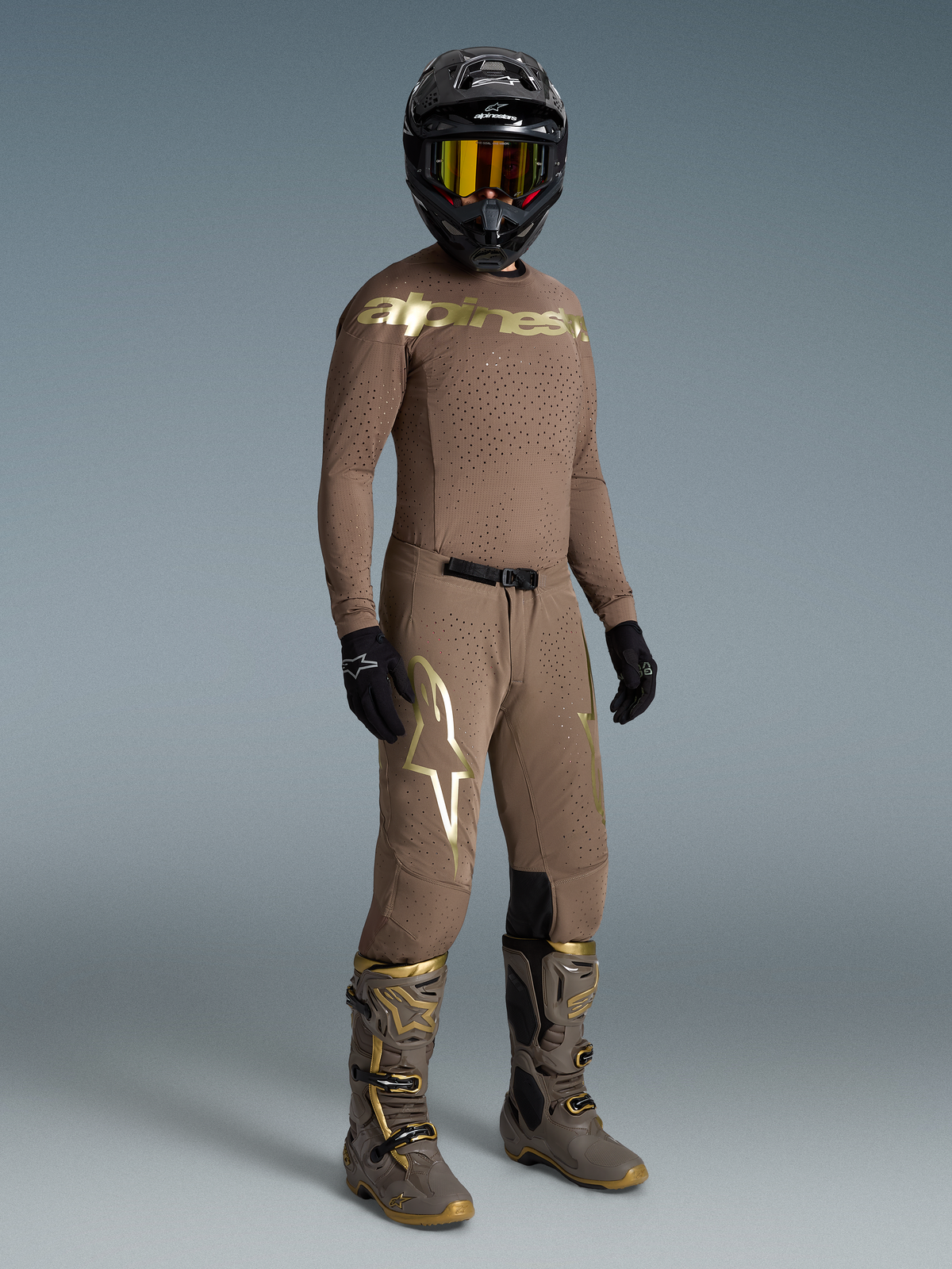 Alpinestars Limited Edition Supertech Air Gold Gear Set, men's Earth Brown and Gold motocross outfit with ventilated mesh.