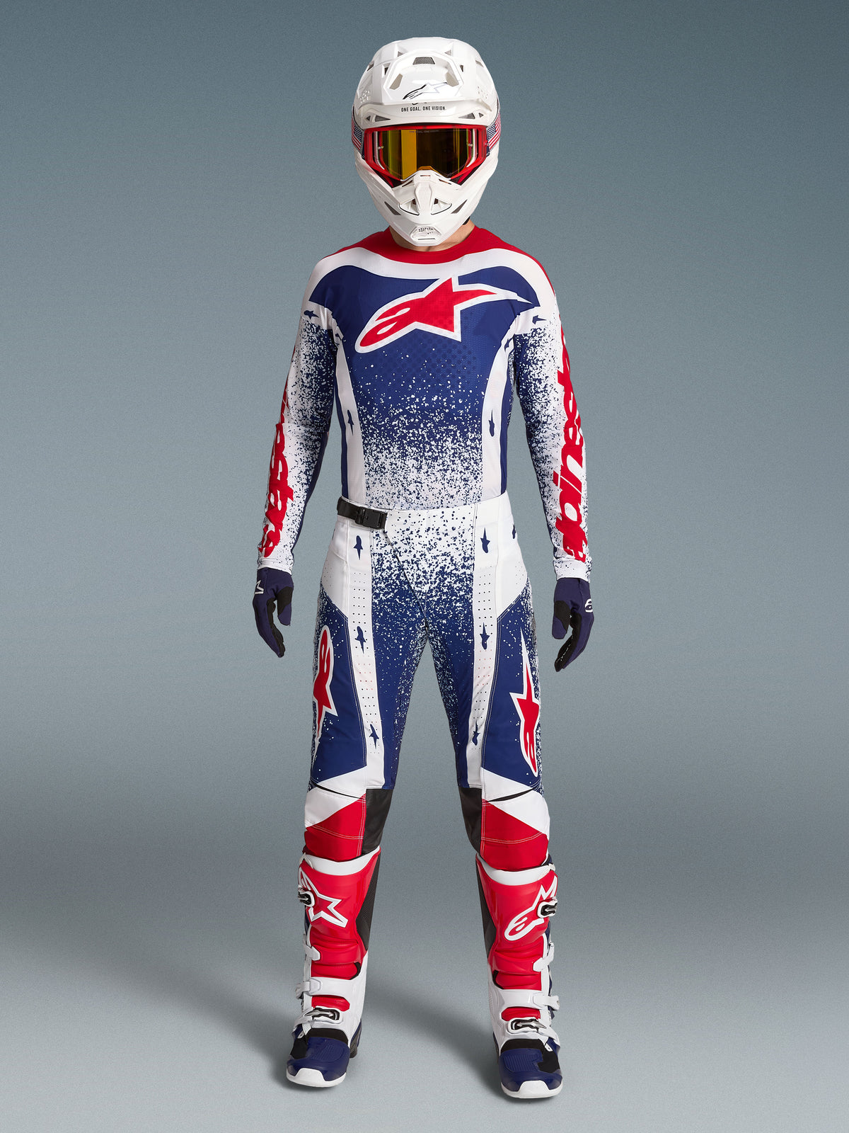 Alpinestars Limited Edition Techstar Unity Jersey, Motocross Gear Set, Red, White, and Blue with speckled racing graphics.