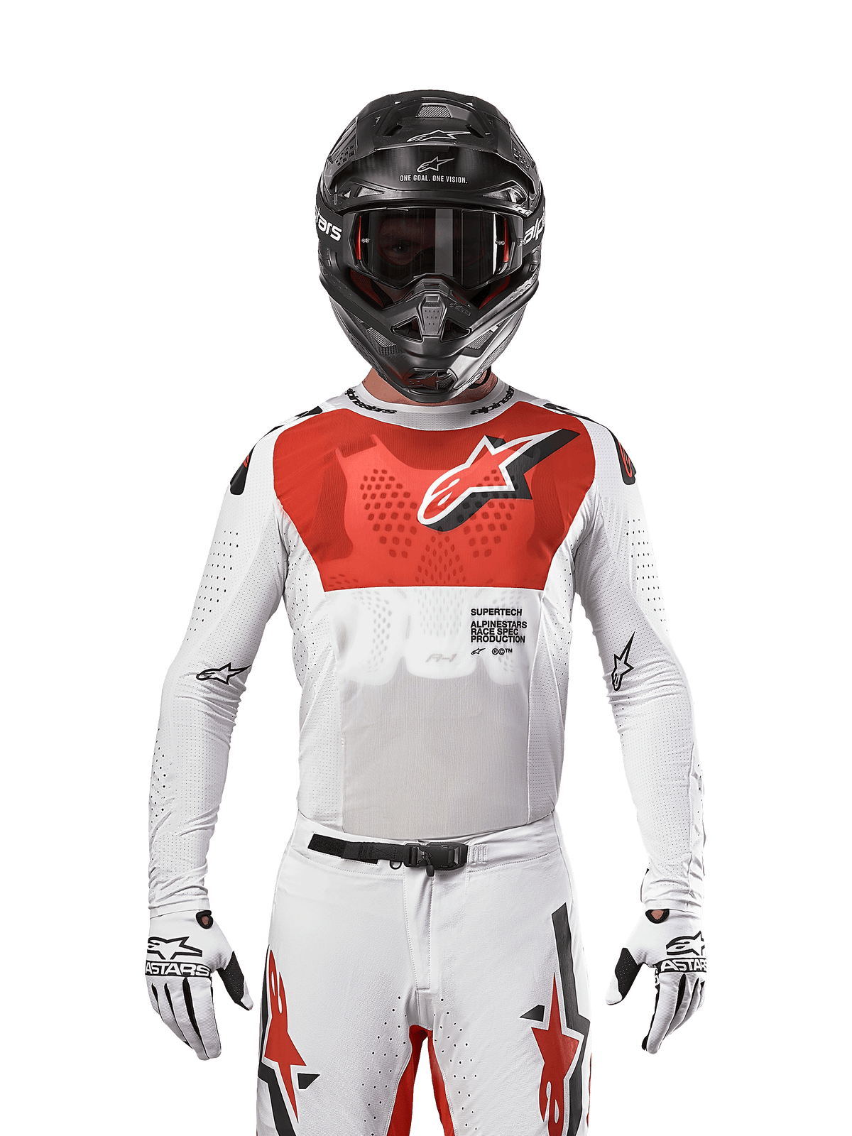 Motocross rider wearing Alpinestars 2024 Supertech Ward Jersey in White Hot Orange, white stretch mesh jersey with a prominent red chest graphic and logo, black helmet with dark goggles, white gloves, professional-level gear for off-road performance