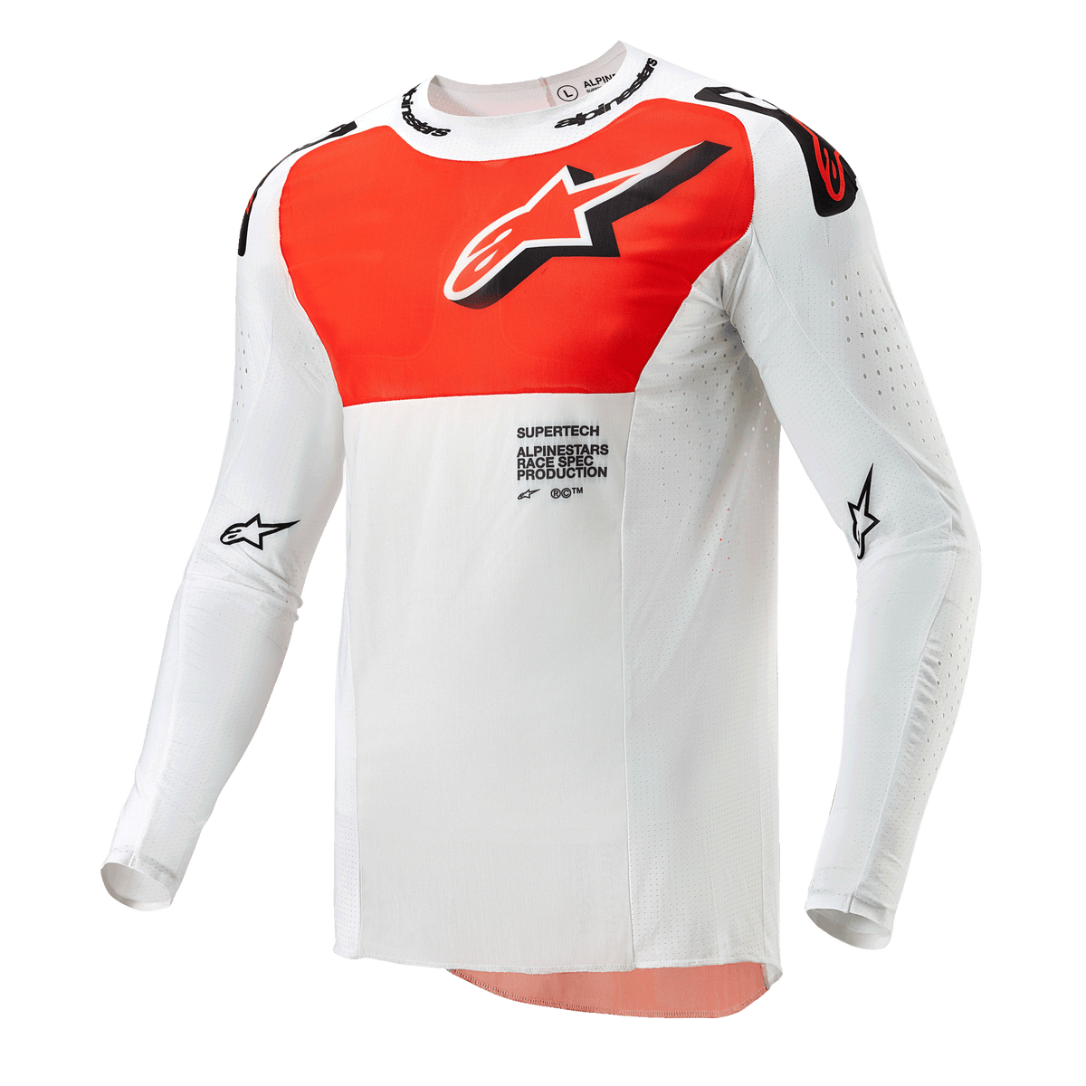 Alpinestars 2024 Supertech Ward Jersey, Motocross Jersey, White and Hot Orange, long-sleeve technical top with a large orange chest graphic, star logo, and breathable perforated construction for off-road racing.