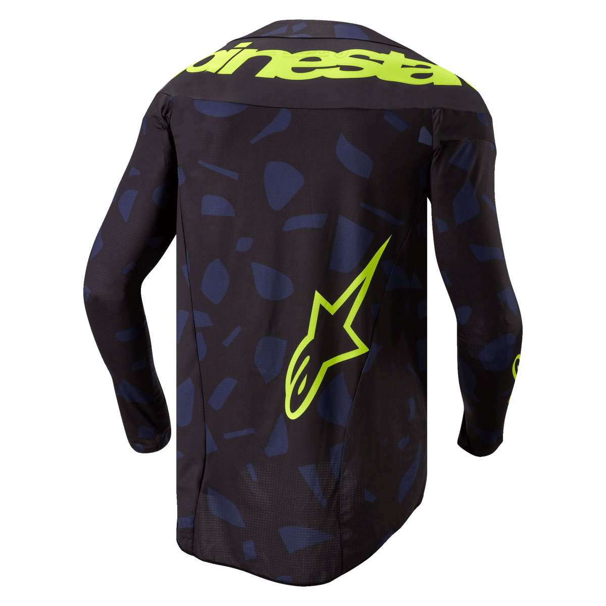 Alpinestars 2024 Techstar Rantera Jersey, Motocross Jersey, Black Navy Yellow Fluo, back view, featuring a navy blue geometric pattern on a black base, bold yellow fluo Alpinestars text across the shoulders and a large star logo on the lower back, technical long-sleeve gear for off-road racing