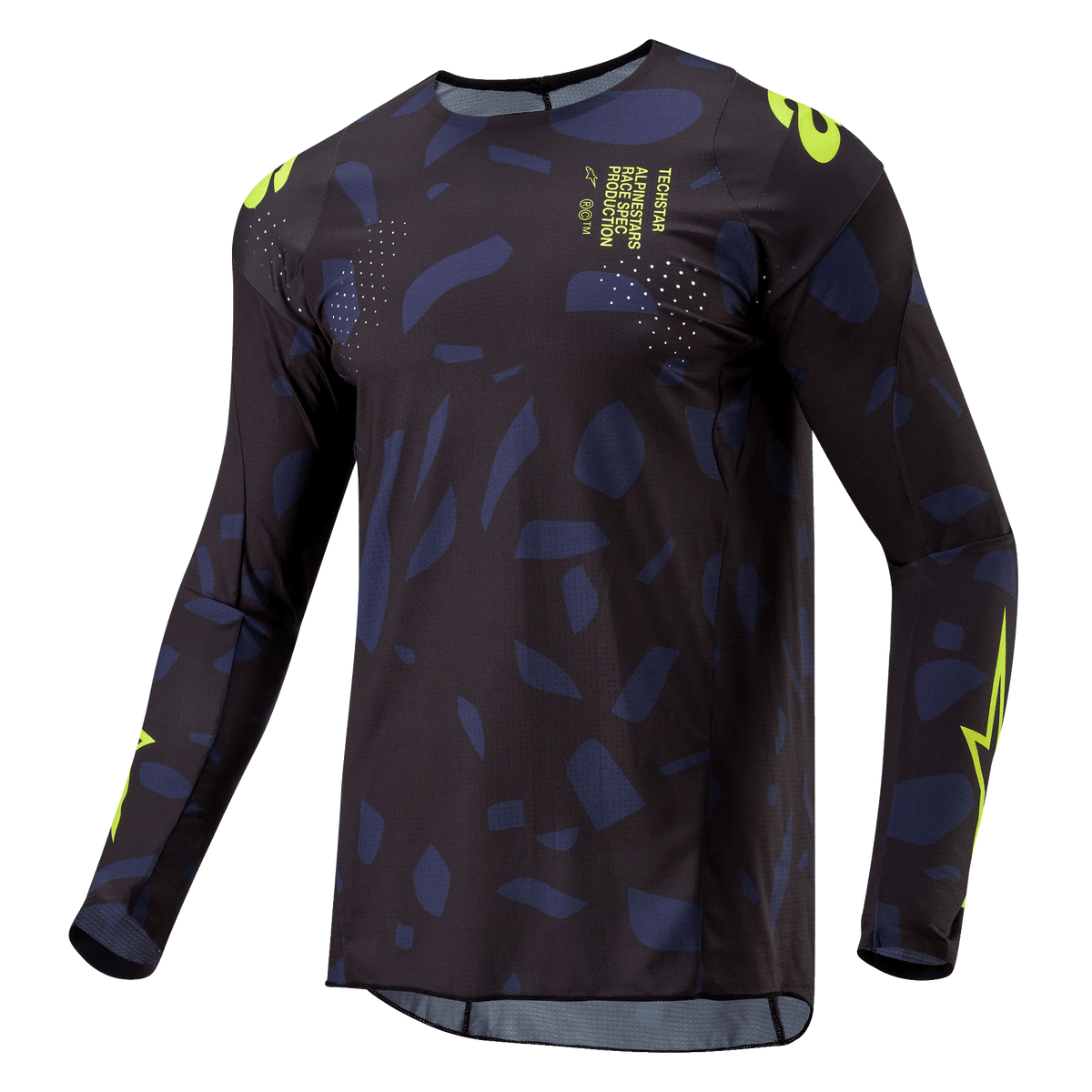 Alpinestars 2024 Techstar Rantera Jersey, Motocross Jersey, Black Navy and Yellow Fluo, long-sleeve athletic fit with abstract pattern, neon yellow branding and text details, designed for off-road performance