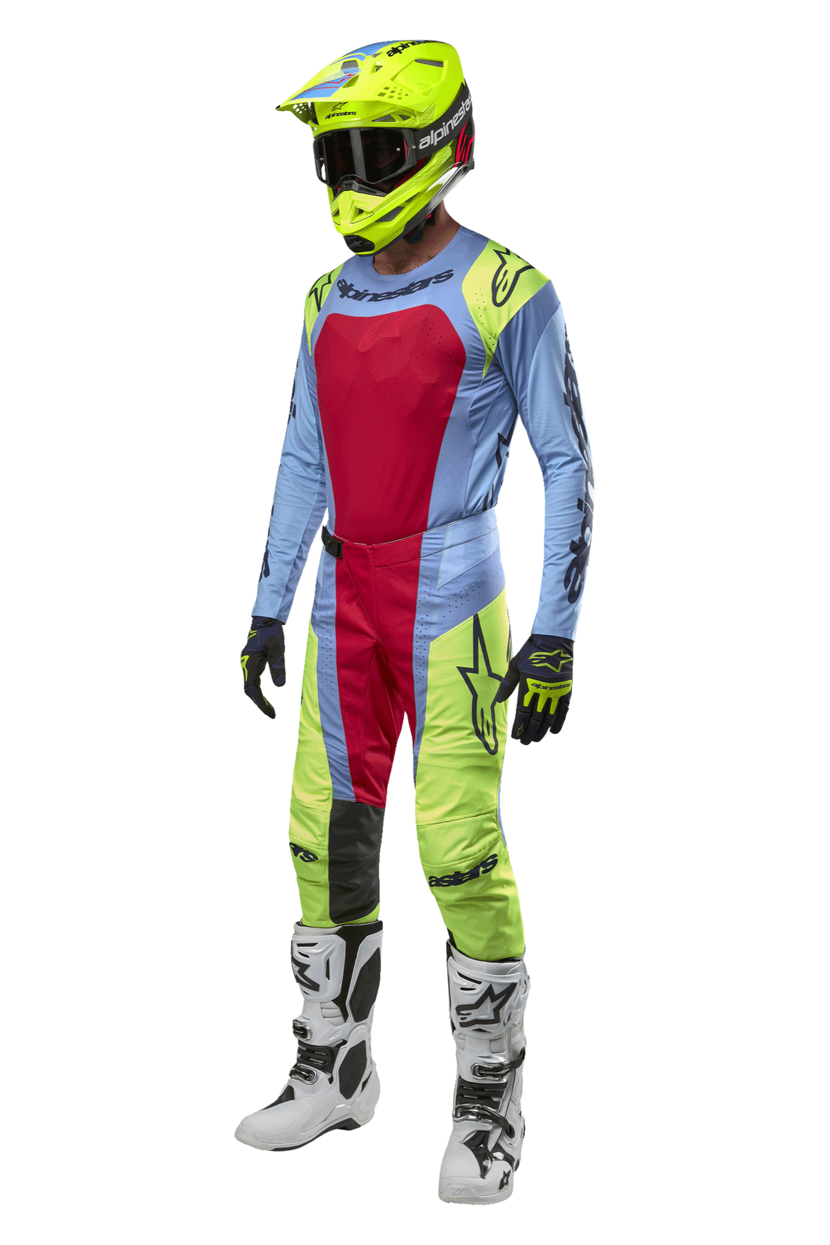 Alpinestars 2024 Techstar Ocuri Jersey and gear set, Motocross rider in Light Blue, Yellow Fluo, and Red Berry kit, including a fluo yellow helmet, matching pants, and white boots, coordinated racing outfit for off-road competition