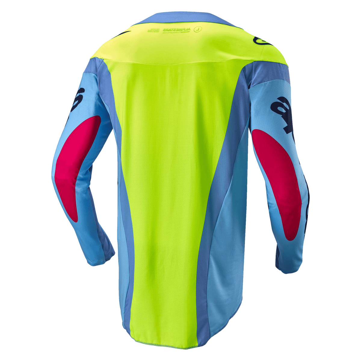 Alpinestars 2024 Techstar Ocuri Jersey, Motocross Jersey, Light Blue, Yellow Fluo and Red Berry, rear view showing a bright neon yellow back panel, light blue sleeves with red berry accents, and ergonomic athletic fit for off-road performance.