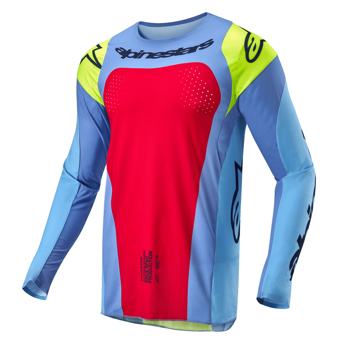 Alpinestars 2024 Techstar Ocuri Jersey, Motocross Jersey, Light Blue with Red Berry and Yellow Fluo accents, featuring black logos and laser-cut perforations for ventilation, athletic race fit for off-road performance