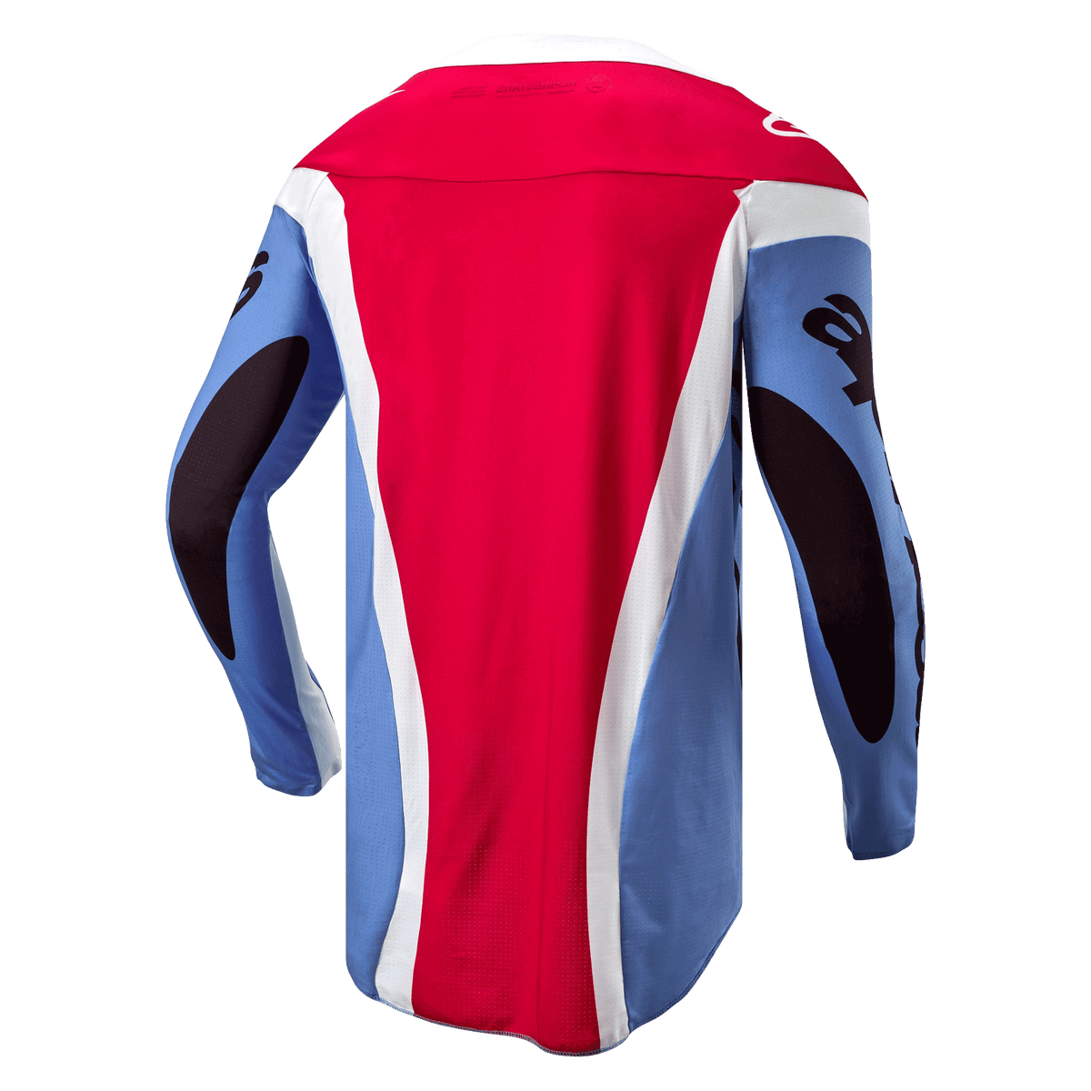 Alpinestars 2024 Techstar Ocuri Jersey, Motocross Jersey, Light Blue, Mars Red, and White, back view showing athletic race fit, extended rear tail, and black sleeve graphics
