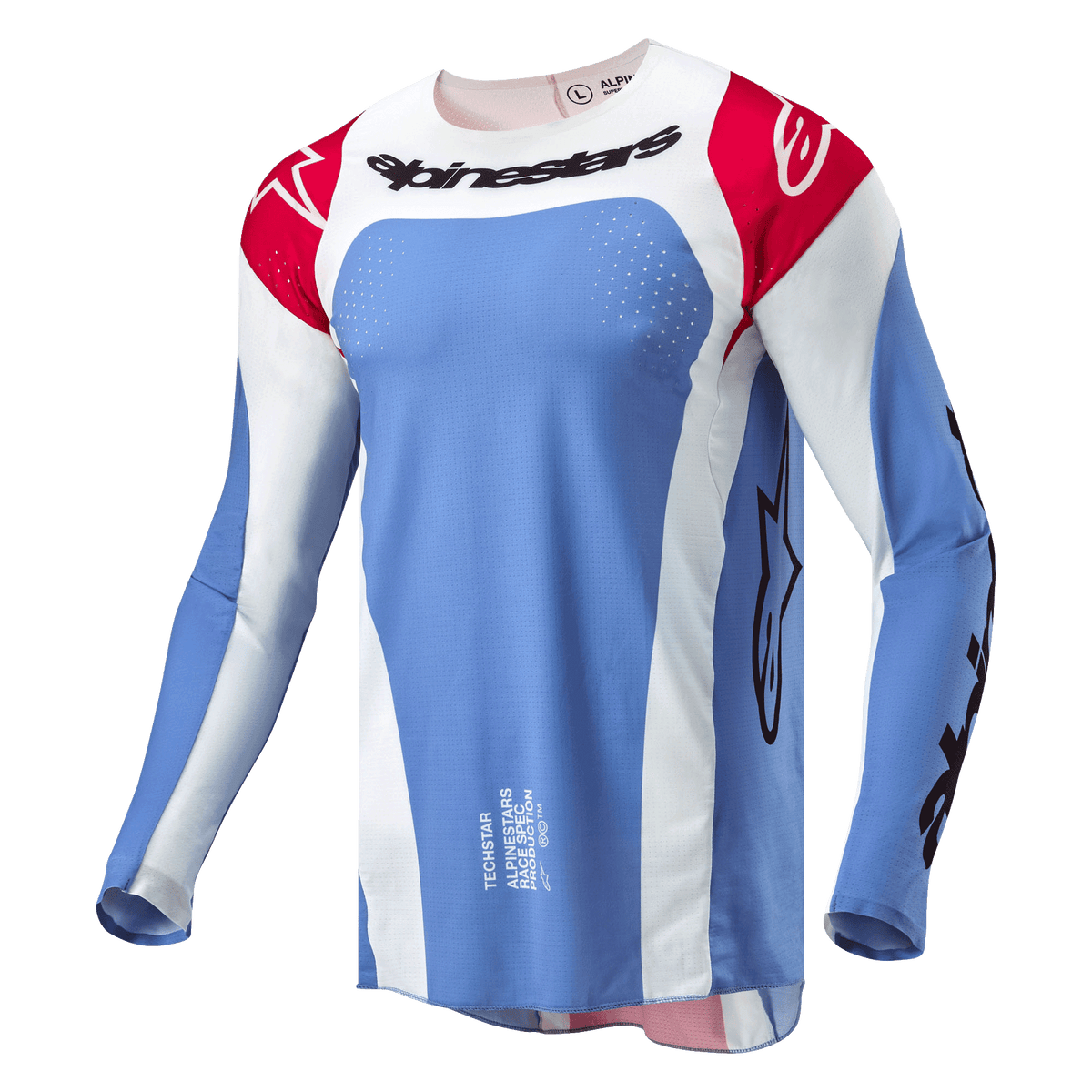 Alpinestars 2024 Techstar Ocuri Jersey, Motocross Jersey, Light Blue, Mars Red, and White, featuring black Alpinestars wordmark on chest, red shoulders with white logos, and laser-cut perforations for ventilation.