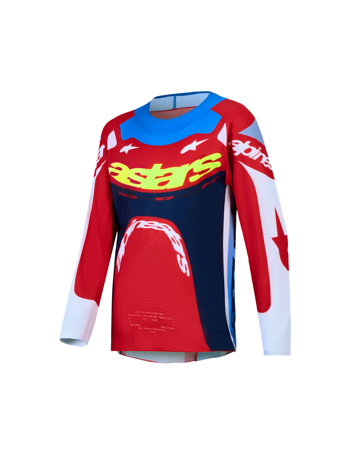 Alpinestars 2027 Youth Supertech Dyna Jersey, youth motocross jersey, red and navy blue stretch mesh.