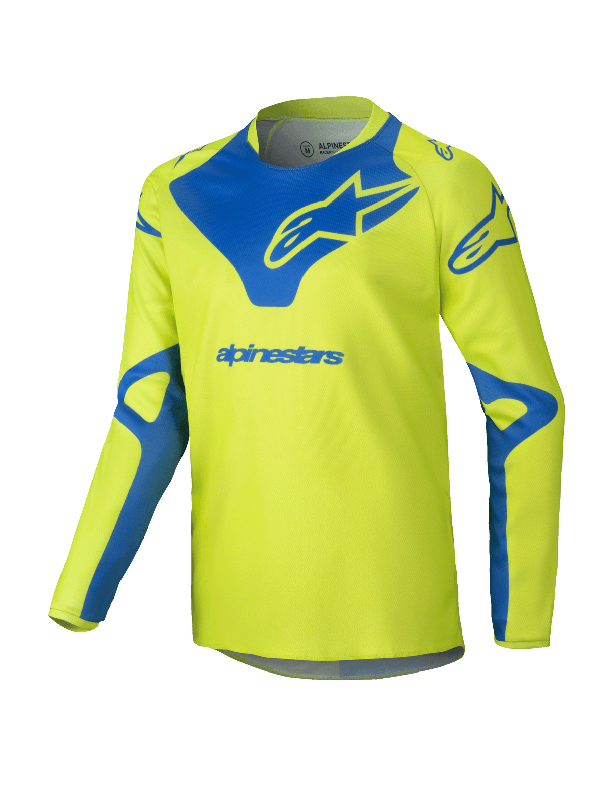 Alpinestars 2025 Youth Racer Veil Jersey, Motocross Jersey, Yellow Fluo and Blue, long-sleeve technical top, blue Alpinestars logo on chest and shoulders, lightweight moisture-wicking fabric for off-road racing