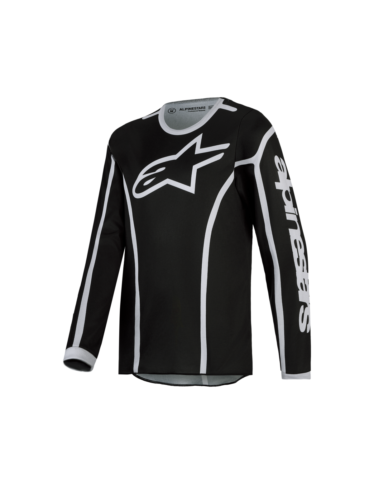 2027 Alpinestars Youth Fluid Apex V2 Jersey, black and silver motocross jersey with moisture-wicking polyfabric.