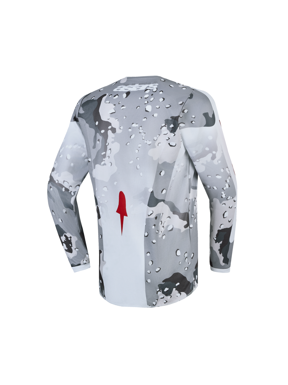 Alpinestars 2027 Youth Fluid Lone Jersey, motocross top, gray camo and white, breathable fabric, red accent, back view.