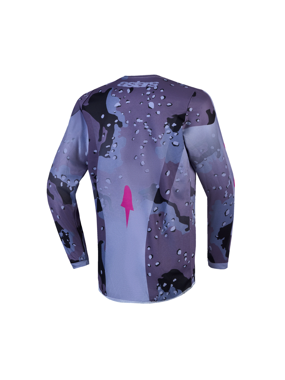 Alpinestars Youth Fluid Lone Jersey, youth motocross jersey in gray camo and purple, back view with extended rear hem.