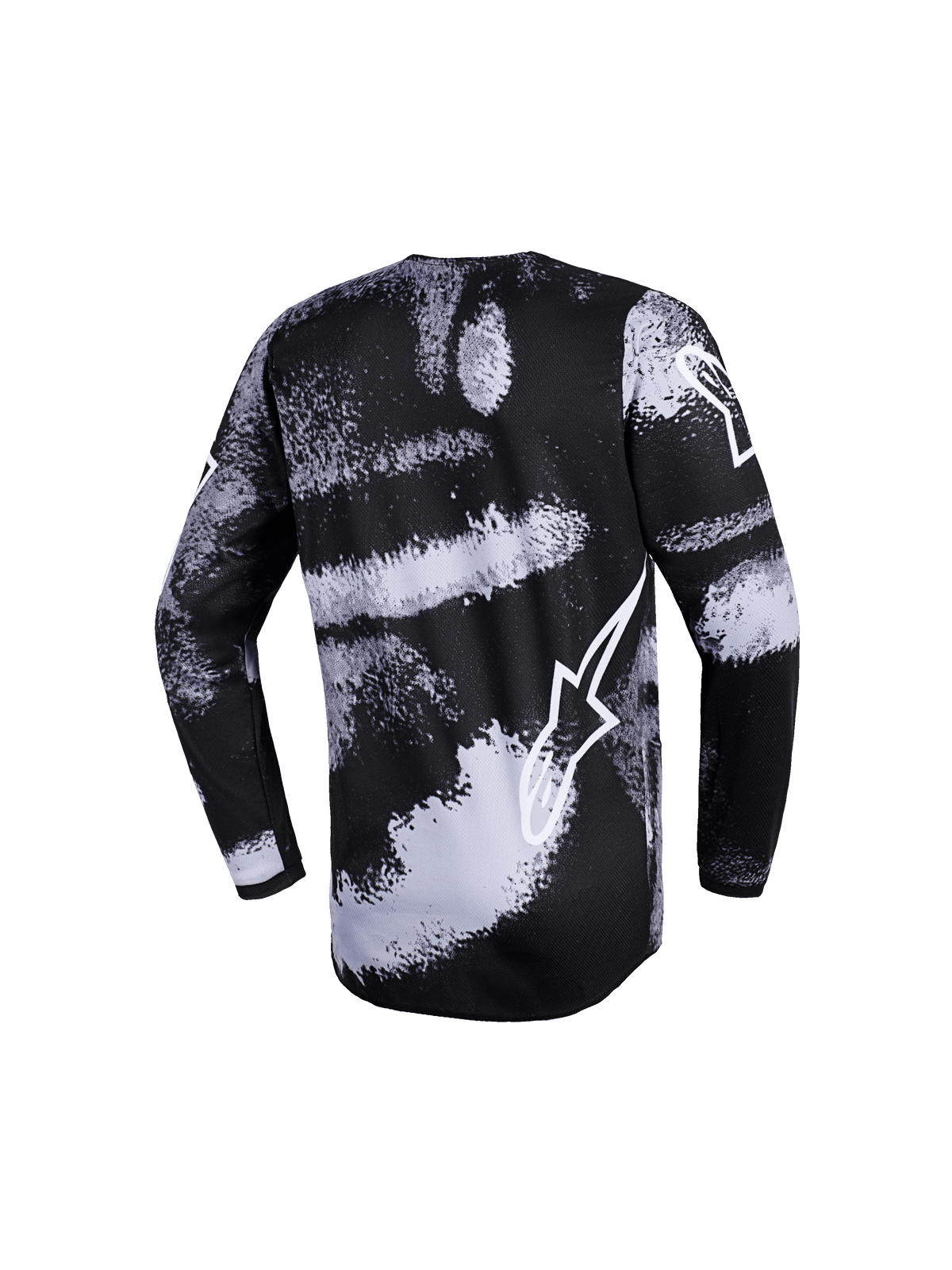 Alpinestars 2026 Youth Fluid Lahnd Jersey, Motocross Jersey, Black and white Iron Camo brush-stroke design, back view, long sleeves, featuring white Alpinestars logo outline, performance-driven off-road gear
