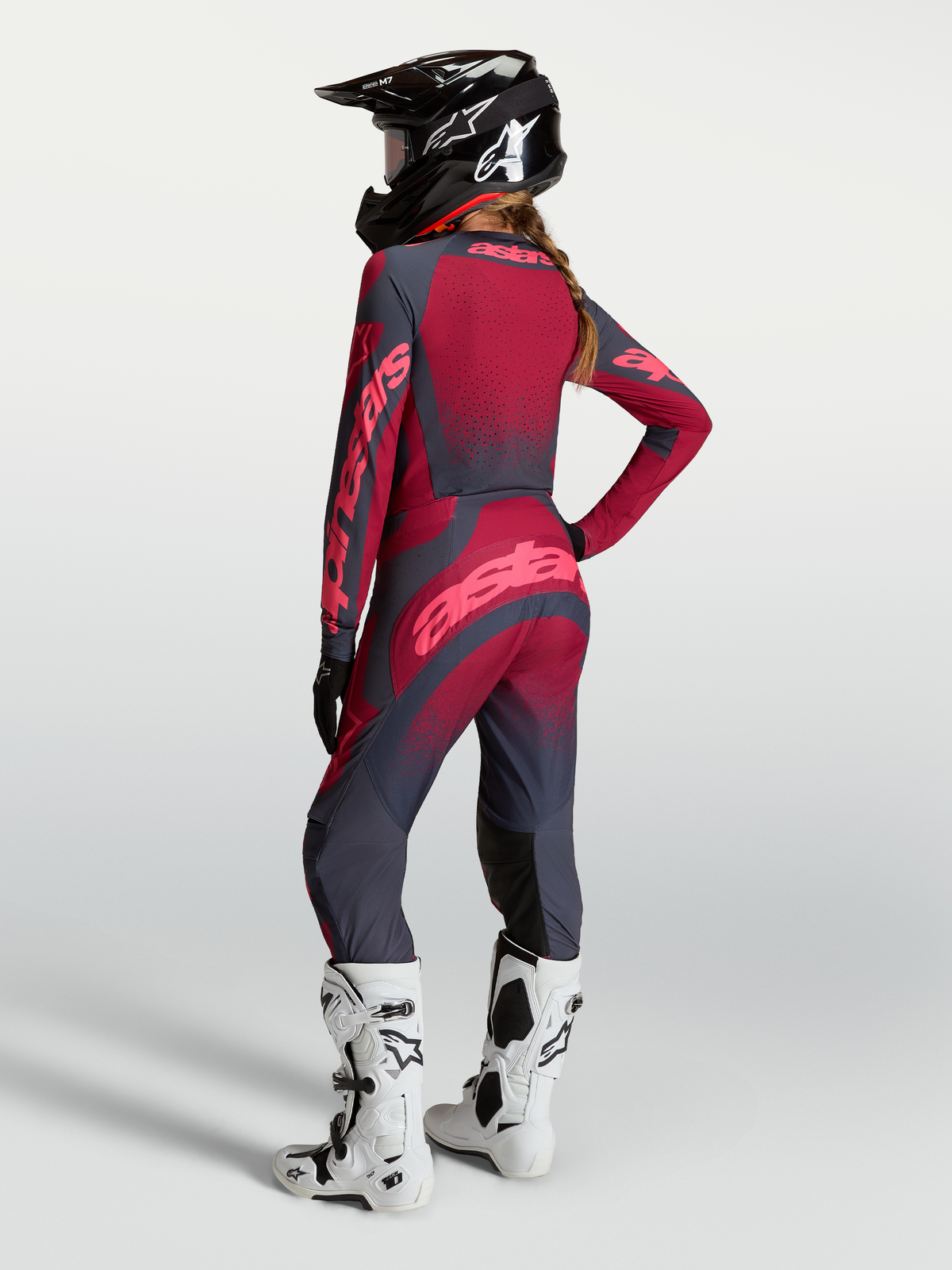 Alpinestars Stella Techstar Swan Pants, women's motocross gear, crimson and dark gray, featuring durable stretch construction.