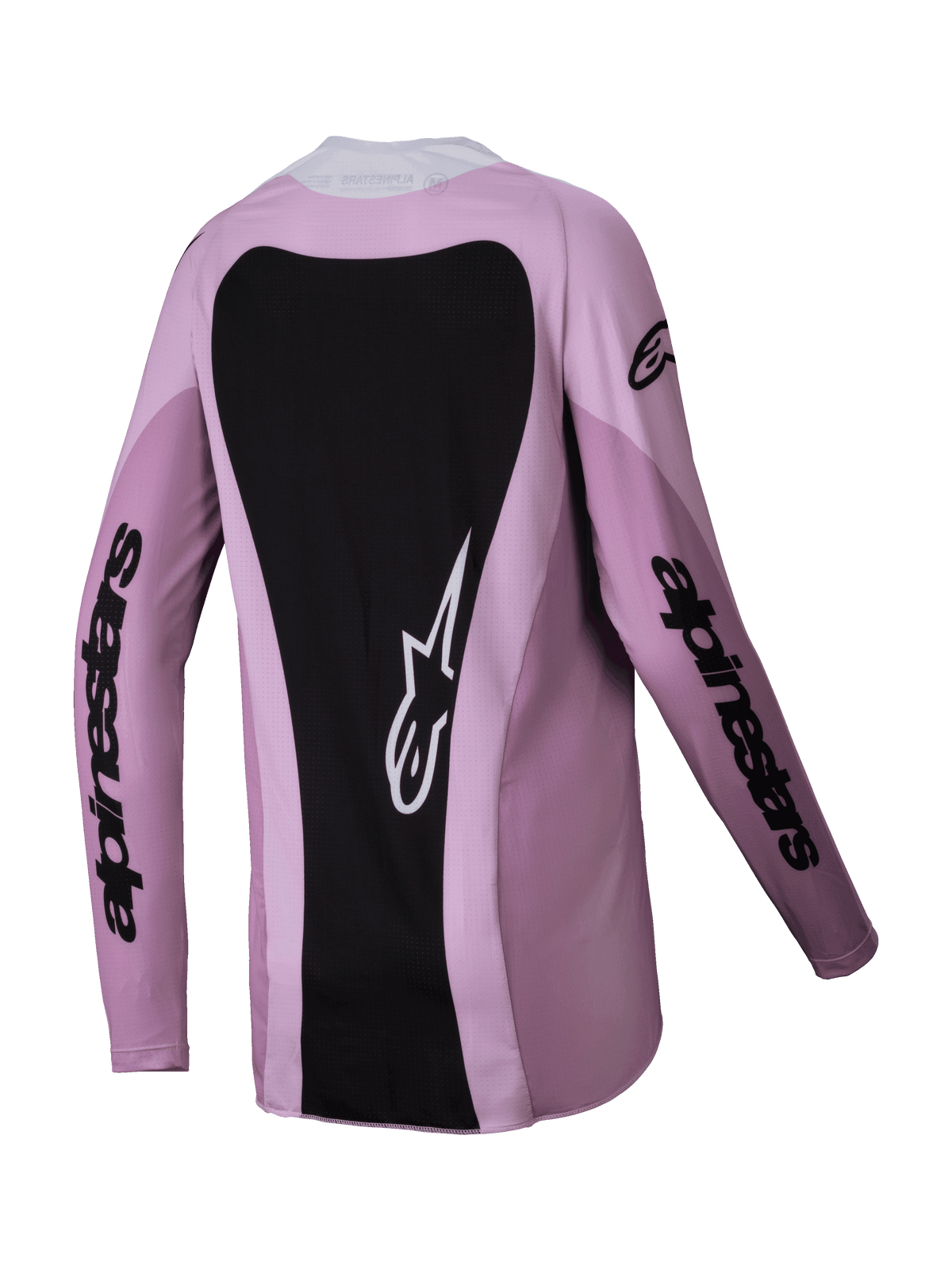 Alpinestars 2025 Woman Stella Techstar Melt Jersey, Motocross Jersey, Blush Black, rear view featuring a large black back panel with a white Astars logo, black sleeve branding, and lightweight poly-fabric construction for off-road racing