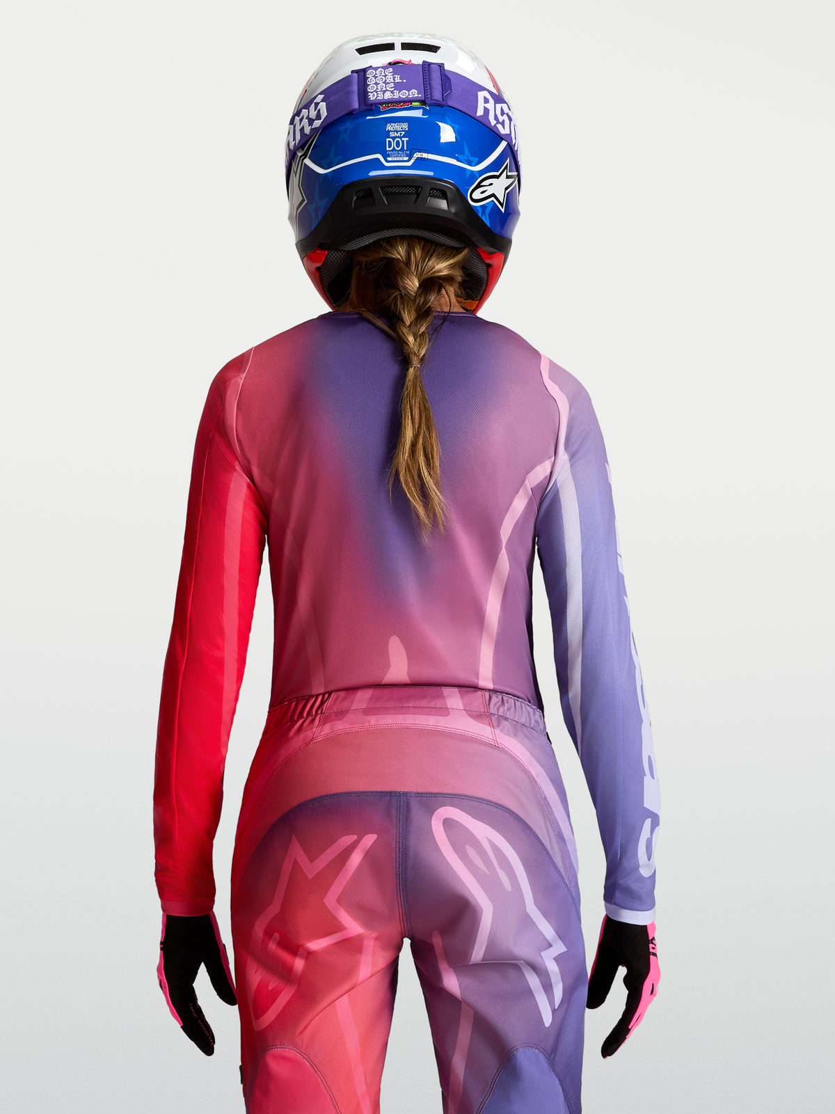 Alpinestars Stella Fluid Kepler Jersey, women's motocross gear, Purple and Rouge Red, moisture-wicking polyfabric, back view.
