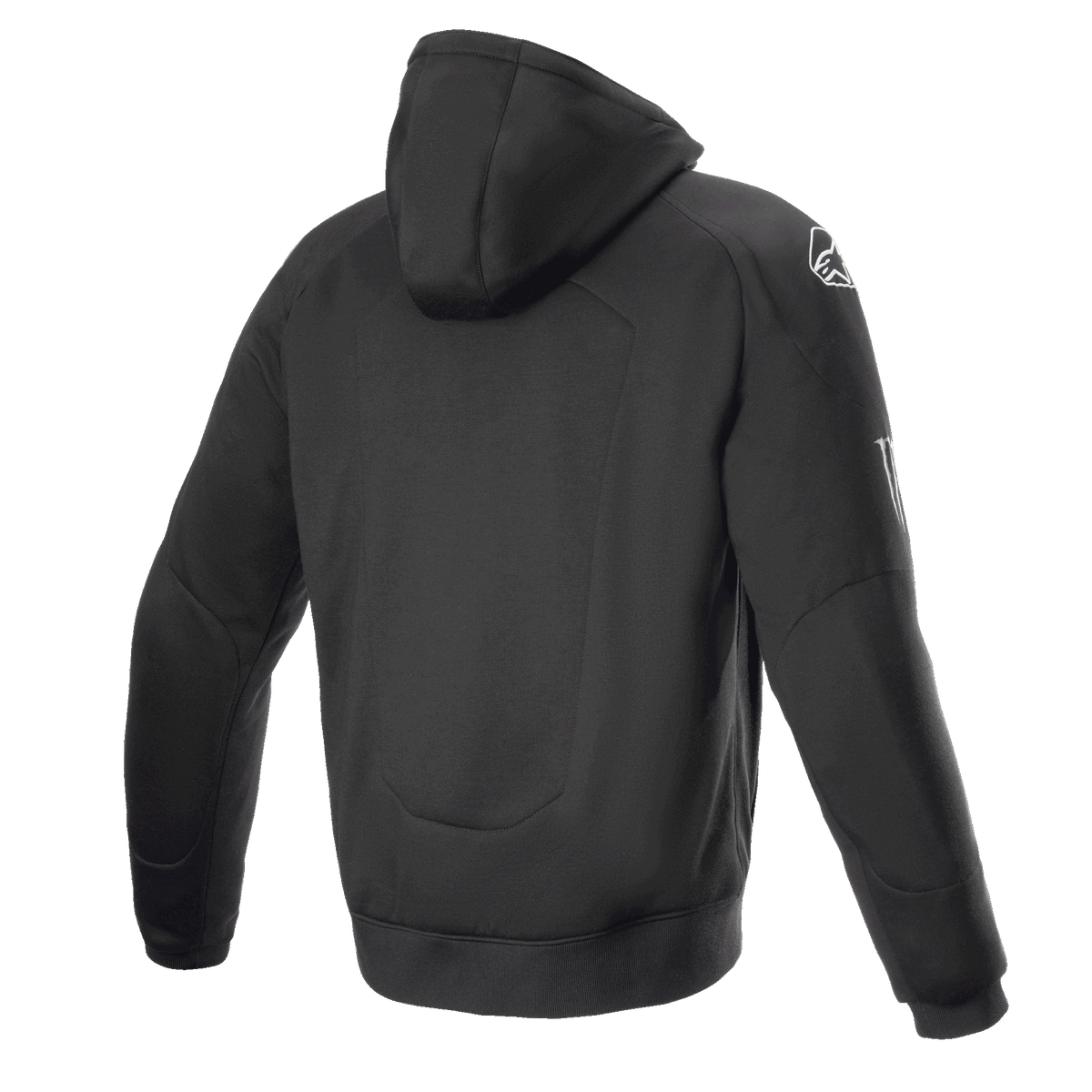 Alpinestars FQ20 Chrome Ignition Monster Hoodie, black motorcycle riding hoodie, back view, white Alpinestars logo on the shoulder, Monster Energy branding on the sleeve, casual urban design with protective textile construction