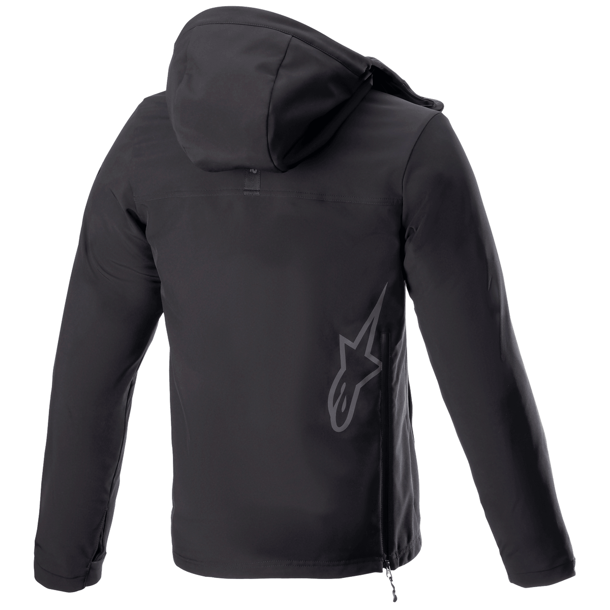 Alpinestars Sherpa Hoodie, Urban Motorcycle Hoodie Jacket, Black Reflex, rear view featuring a large reflective Alpinestars star logo on the lower back, side zipper closure, and hood, windproof softshell design.