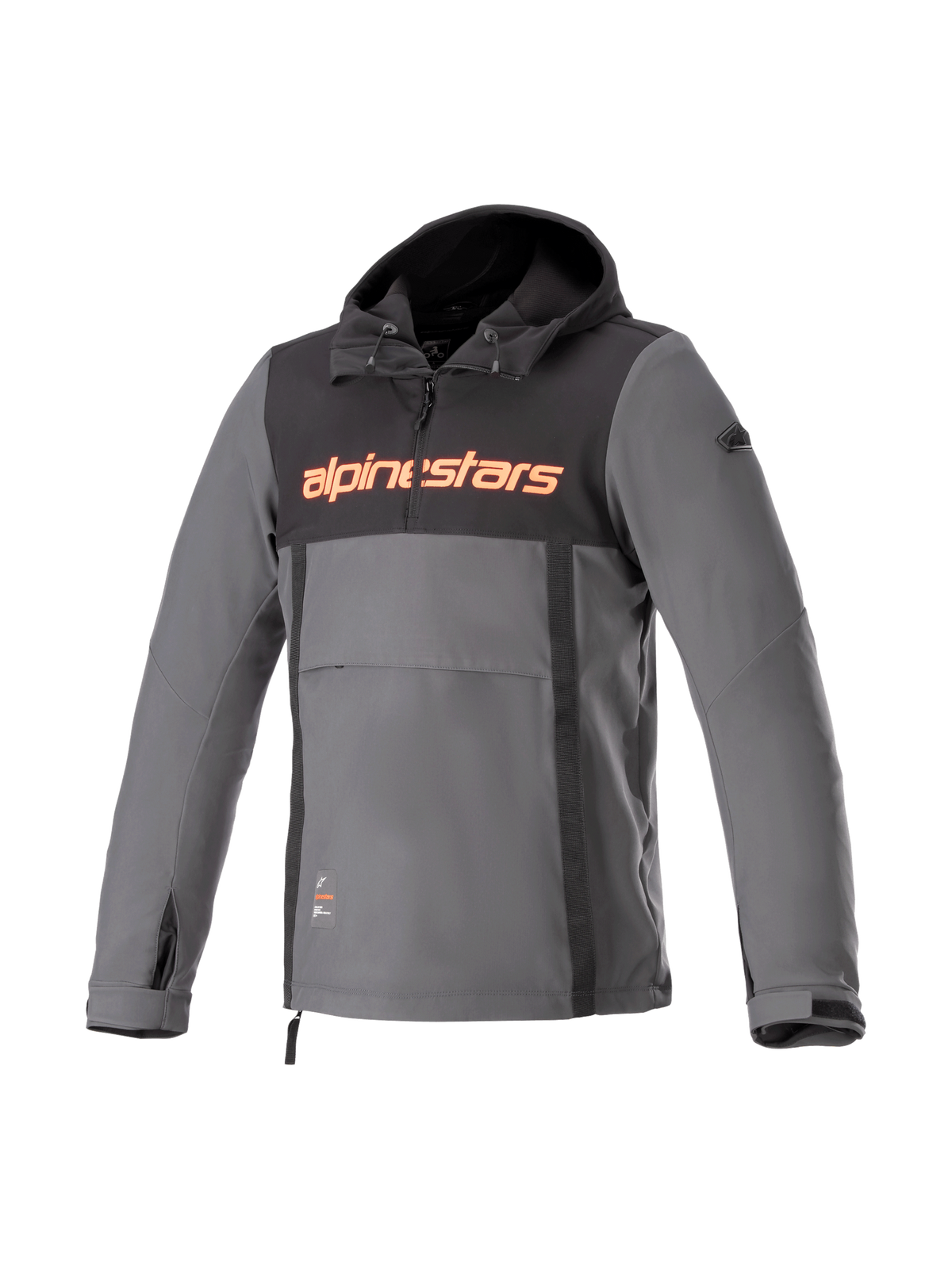 Alpinestars Sherpa Hoodie, gray and black urban motorcycle anorak, windproof softshell with red logo.