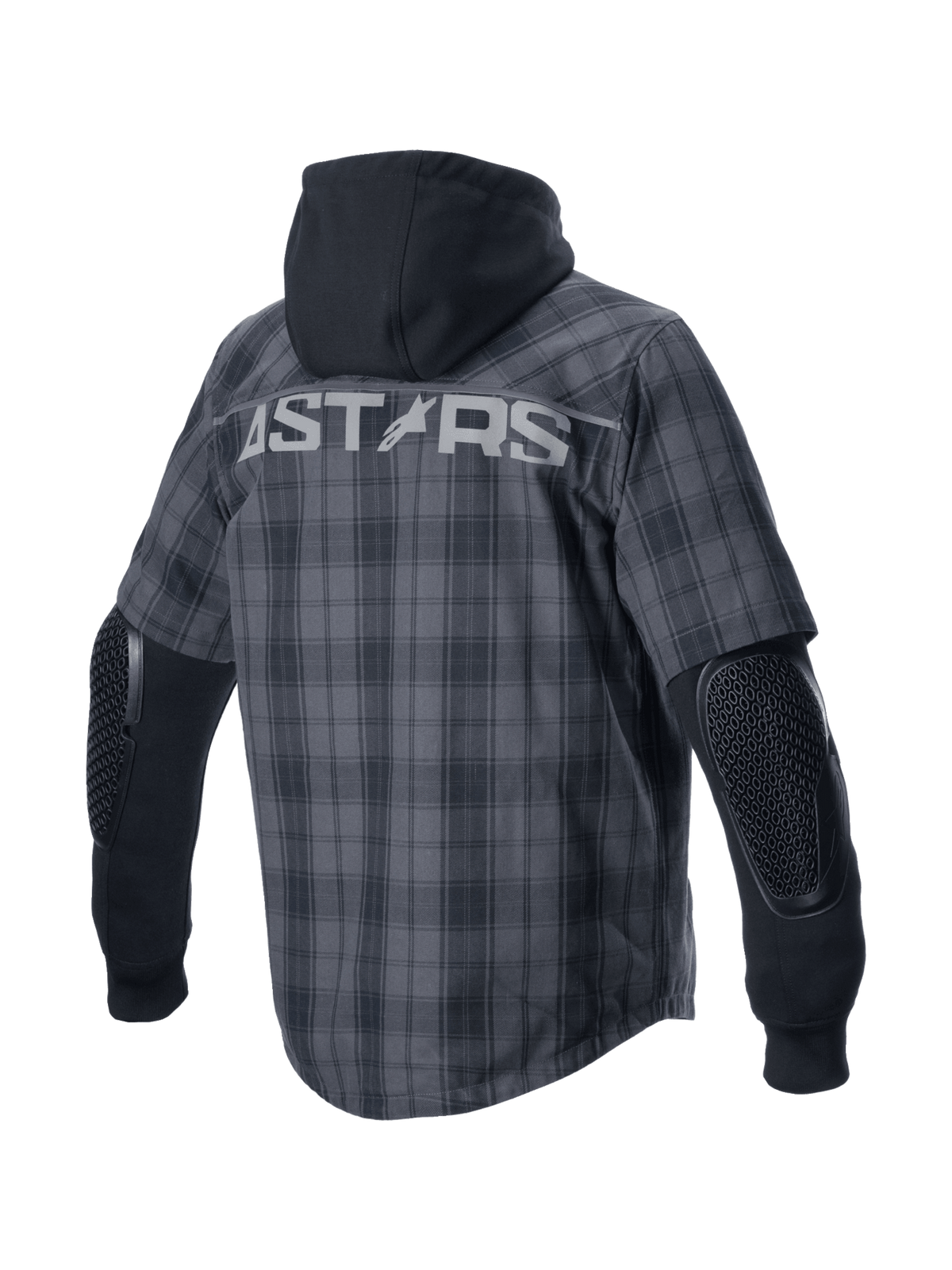 Alpinestars MO.ST.EQ Tartan Shirt in Gray and Black, urban motorcycle riding shirt with exposed armor and a fixed hoodie.