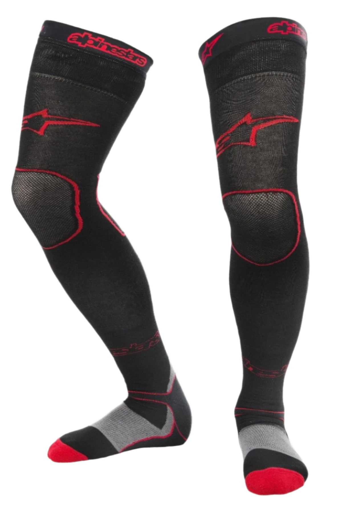 Alpinestars MX Long Tech Thick Socks, Motocross Riding Socks, Black and Red, mid-thigh length with red branding, grey and red sole details, technical fabric designed for off-road racing and dirt bike boots