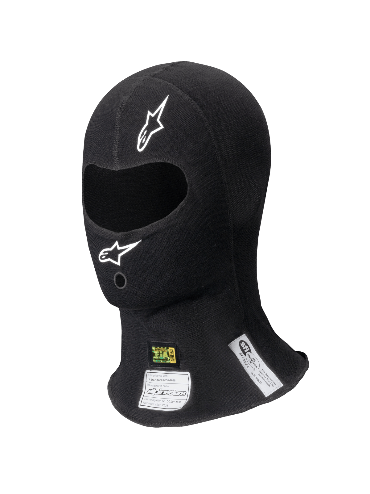 Alpinestars ZX Balaclava Evo V2 FIA/SFI, Black Racing Balaclava, single eye opening with white logos, visible FIA and SFI certification labels on the neck, flame-resistant technical fabric for professional motorsport