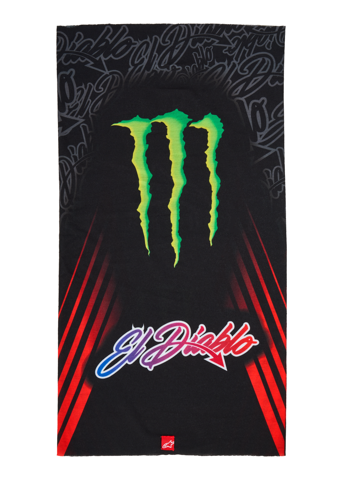 Alpinestars FQ20 Neck Tube Monster, motorcycle neck tube, Black featuring a large green Monster Energy claw logo and 'El Diablo' gradient text, red diagonal racing stripes on the sides, lightweight textile accessory for spring and summer riding