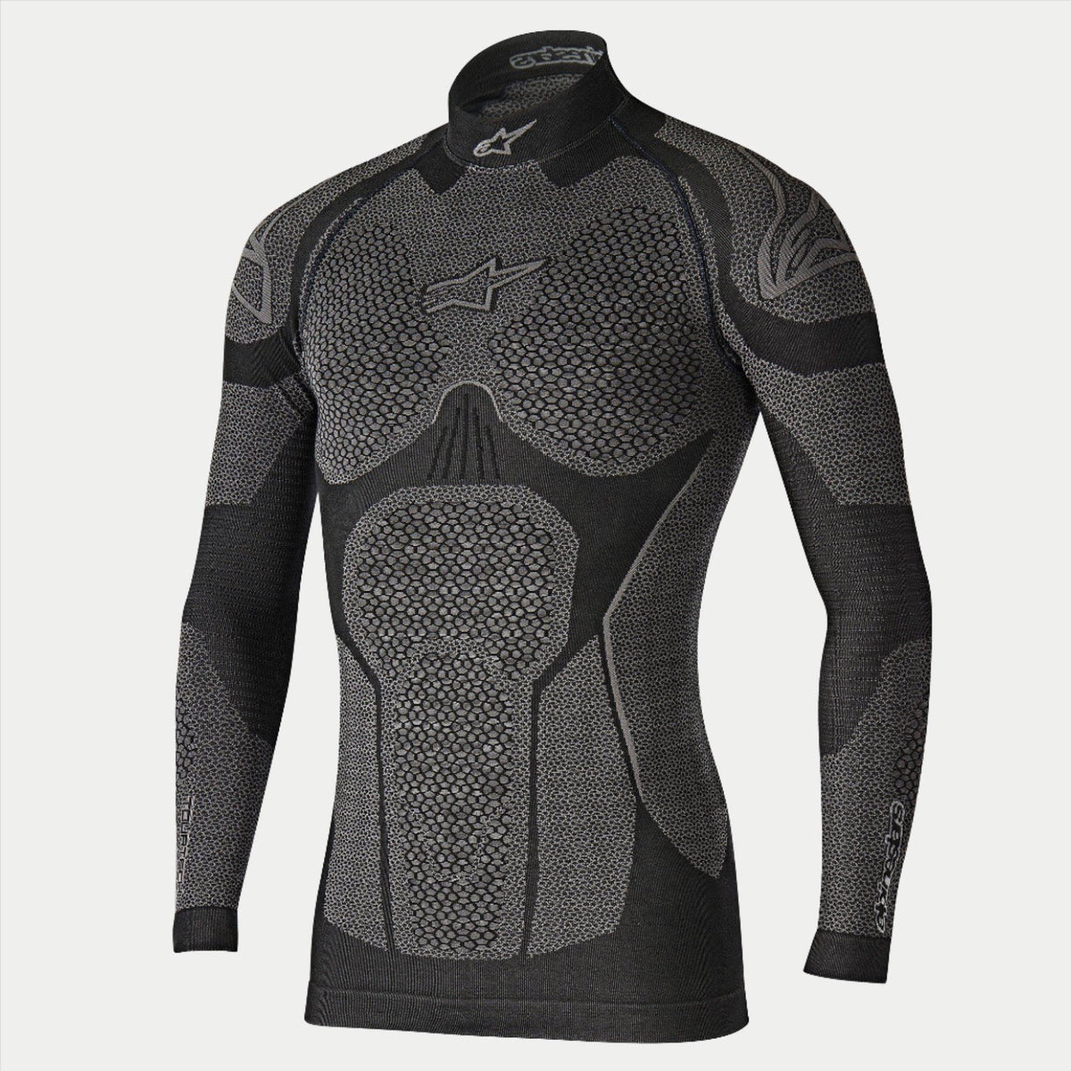 Alpinestars Ride Tech Top Long Sleeve Winter, Motorcycle Base Layer, Black and Gray, technical long-sleeve top with dual-density honeycomb textured panels, compression fit, mock neck with white Alpinestars logo, performance thermal underwear for cold weather