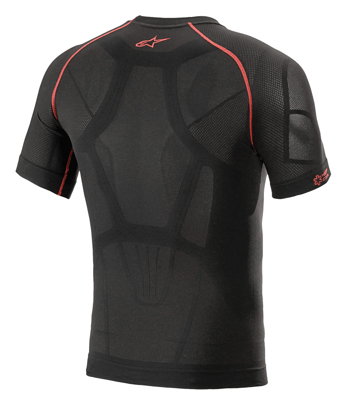 Alpinestars Ride Tech V2 Top Short Sleeve Summer, Motorcycle Base Layer, Black and Red, back view featuring body-mapped construction with mesh ventilation panels, red contrast stitching, and red Astars logo on the upper back