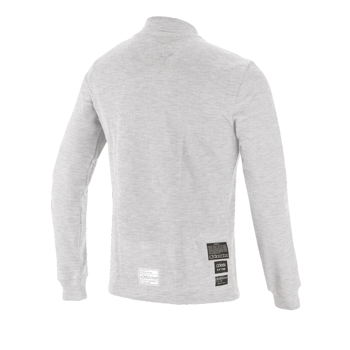 Alpinestars Race V3 Long Sleeve Top, Auto Racing Base Layer, White, back view showing FIA 8856-2018 homologation labels on the lower back, soft textured flame-resistant material for motorsport protection