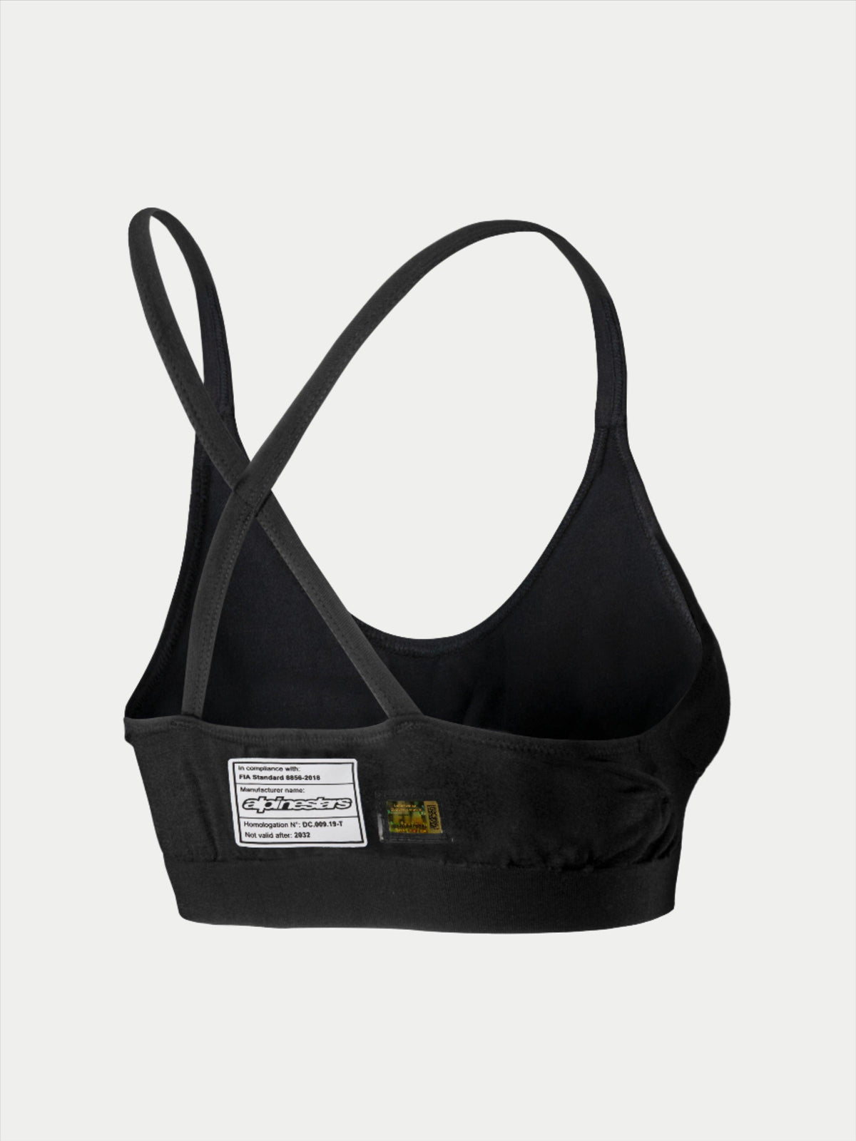 Alpinestars Stella TECH ZX Bra, Auto Racing Base Layer, Black, back view featuring FIA 8856-2018 certification label, thin crossed straps, lightweight flame-resistant material for motorsport protection.