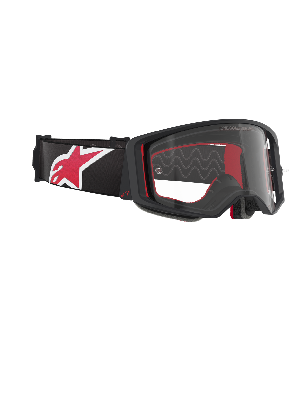 Alpinestars Supertech Corp Goggles, Motocross Goggles, Black Red and Clear, side-angled view featuring a clear lens and black frame, red interior padding, black strap with a large red and white Alpinestars logo, professional off-road eye protection