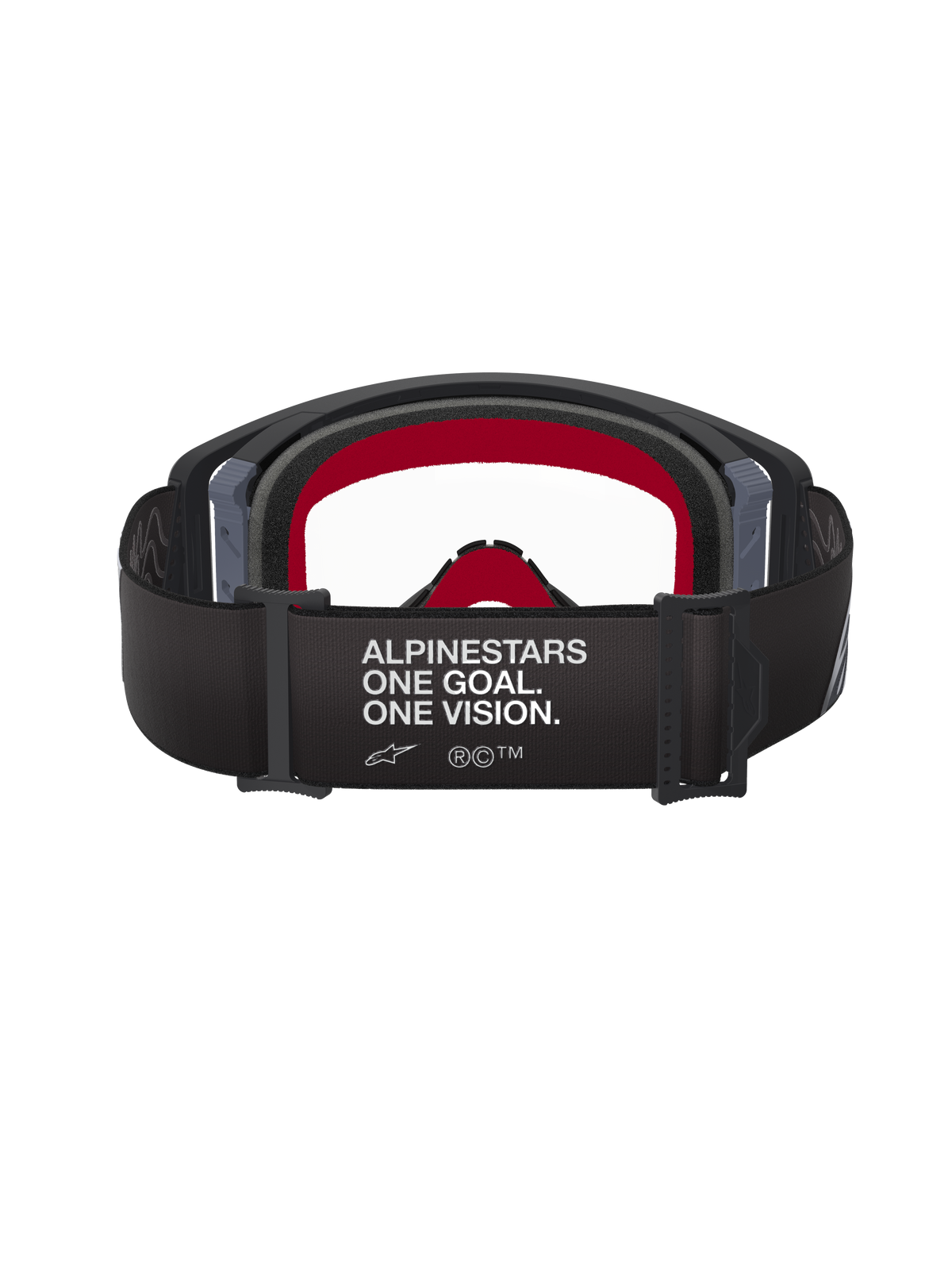 Alpinestars Supertech Corp Goggles, Black and Grey, Rear view showing the wide black strap with 'ALPINESTARS ONE GOAL. ONE VISION.' white text, red inner face foam, and clear lens, high-performance motocross eyewear