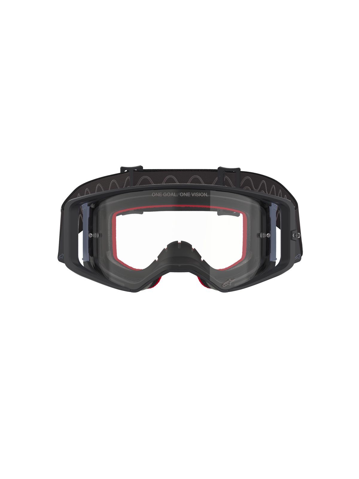 Alpinestars Supertech Corp Goggles, Motocross Goggles, Black and Grey with Clear Lens, front view featuring red interior foam and wide black adjustable strap, high-performance off-road eyewear