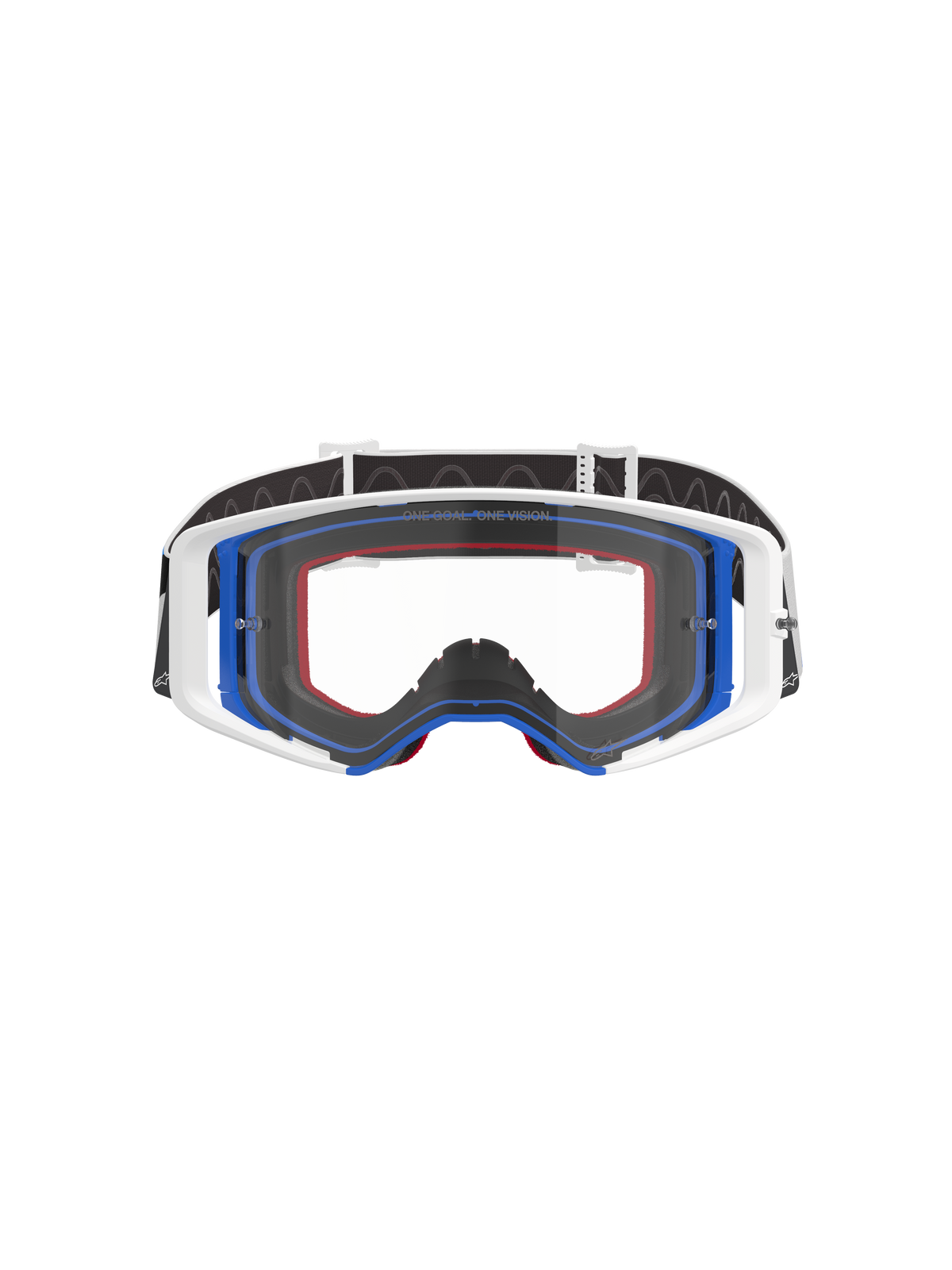 Alpinestars Supertech Corp Goggles, Motocross Goggles, Blue White and Orange with Clear Lens, black strap with white logo, professional off-road racing eyewear with wide field of vision and double-injected frame design