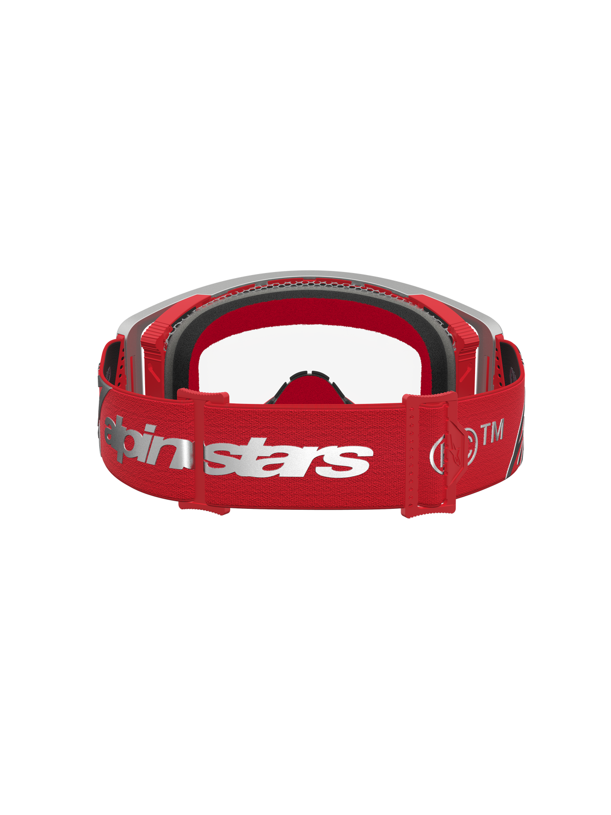 Alpinestars Supertech Dura Air Fluid Goggles, Red and Silver MX goggles with an adjustable logo strap and foam padding.