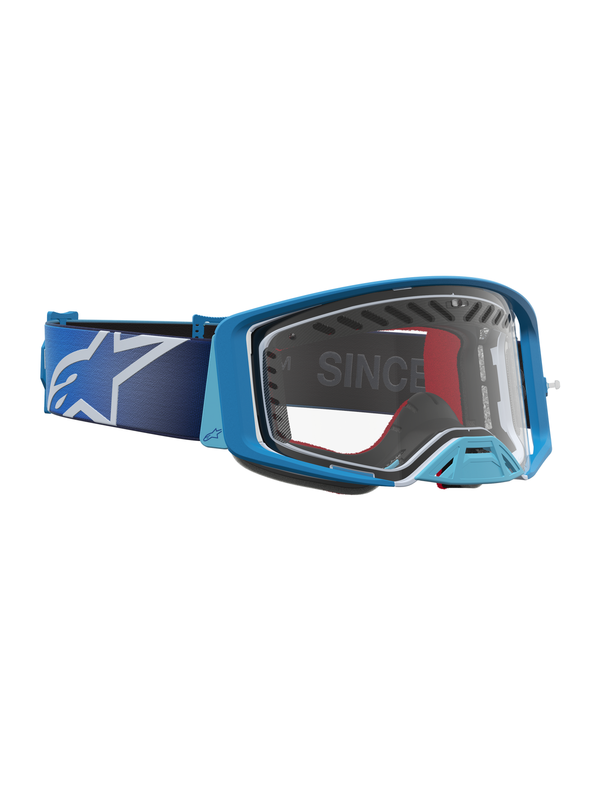 Alpinestars Supertech Dura Air Fluid Goggles for Motocross, Blue and Silver with a clear lens and ventilated plastic frame.