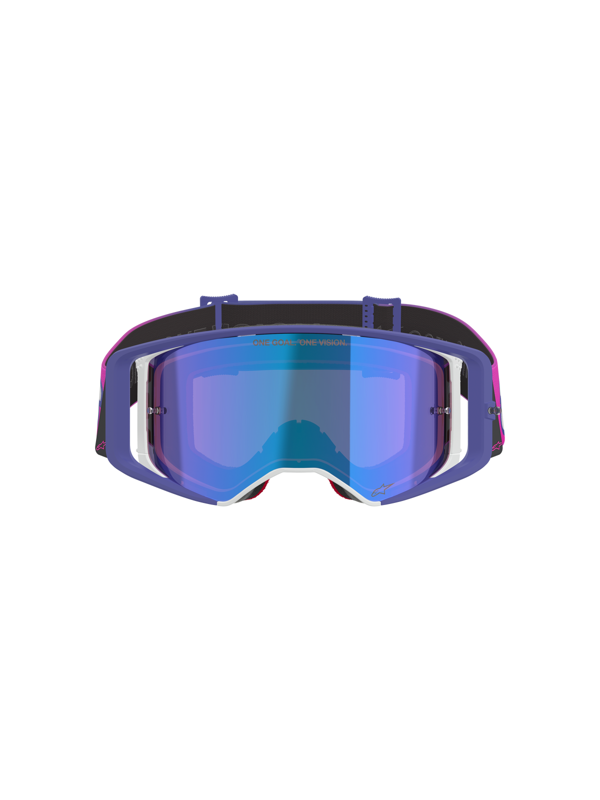 Alpinestars Supertech Vision Vista Goggles, Motocross Goggles, Purple Fluo Pink and Mirror Blue, front-facing view featuring a mirror blue tinted lens, purple frame with white accents, and a vibrant pink and black strap with Alpinestars branding.