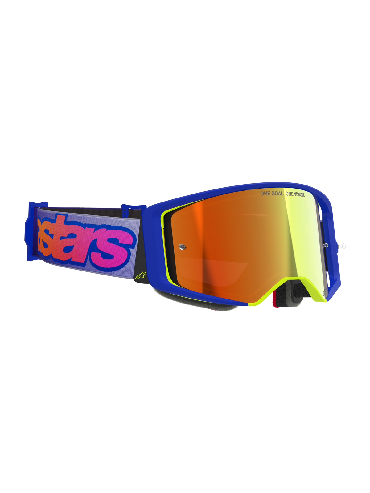 Alpinestars Supertech Vision Vista Goggles, Motocross Goggles, Blue and Yellow frame with Mirror Red tinted lens, purple strap with bold pink Alpinestars branding, professional off-road racing eyewear