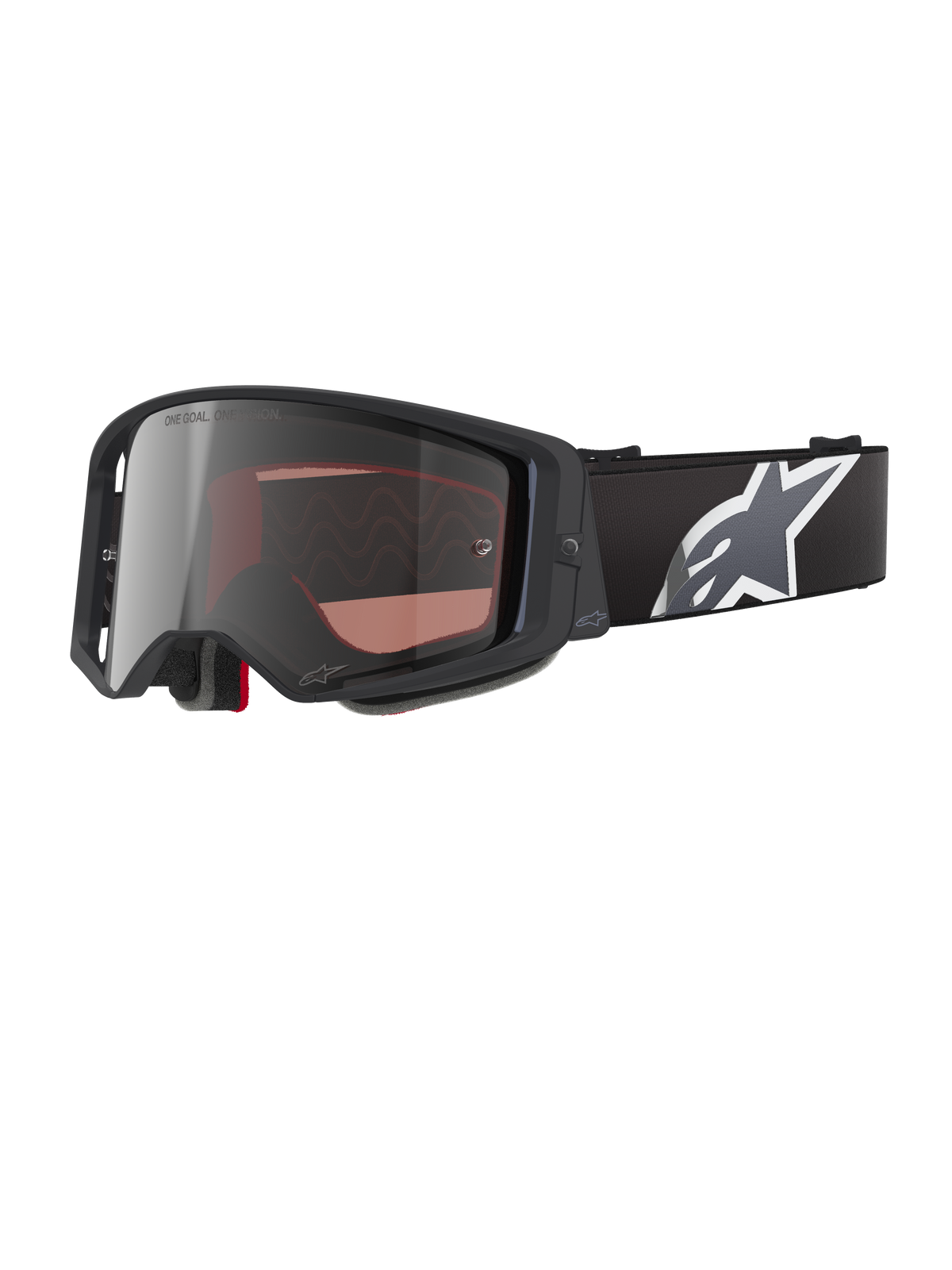Alpinestars Supertech Corp Goggles Absolute Vision, Motocross Goggles, Black and Grey with Mirror Silver Lens, featuring an angular frame, adjustable black strap with a prominent white star logo, and multi-layer face foam for off-road performance.