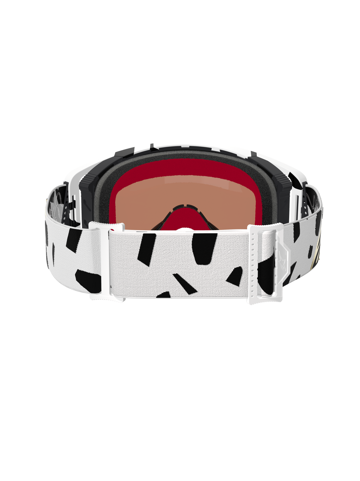 Rear view of Alpinestars Supertech Corp Goggles Absolute Vision, White Gold Mirror Gold, featuring a white strap with black abstract patterns, white adjustment buckles, and multi-layer face foam for motocross and off-road racing.