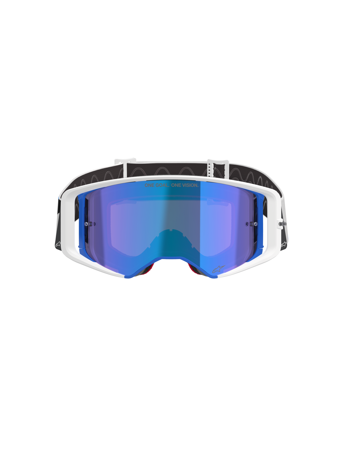 Alpinestars Supertech Corp Goggles Absolute Vision, Motocross Goggles, White and Blue frame with Mirrored Blue lens, featuring 'ONE GOAL. ONE VISION.' text on the lens, black and white adjustable strap, high-performance eyewear for off-road racing