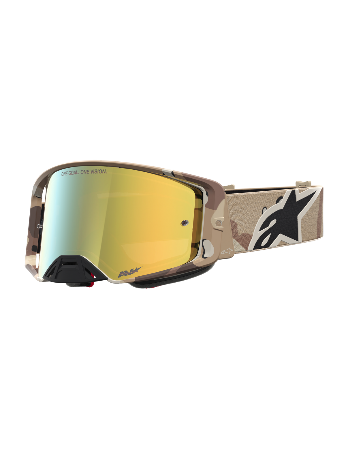 Alpinestars Supertech Lone Motocross Goggles in desert camo and mirror gold, featuring high-grade optics and a secure strap.