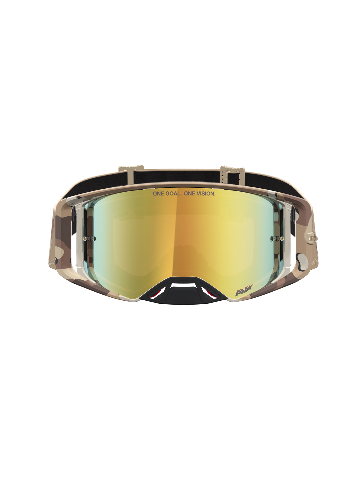 Alpinestars Supertech Lone Motocross Goggles in Camo Desert with a Gold Mirror lens, designed for elite racing performance.