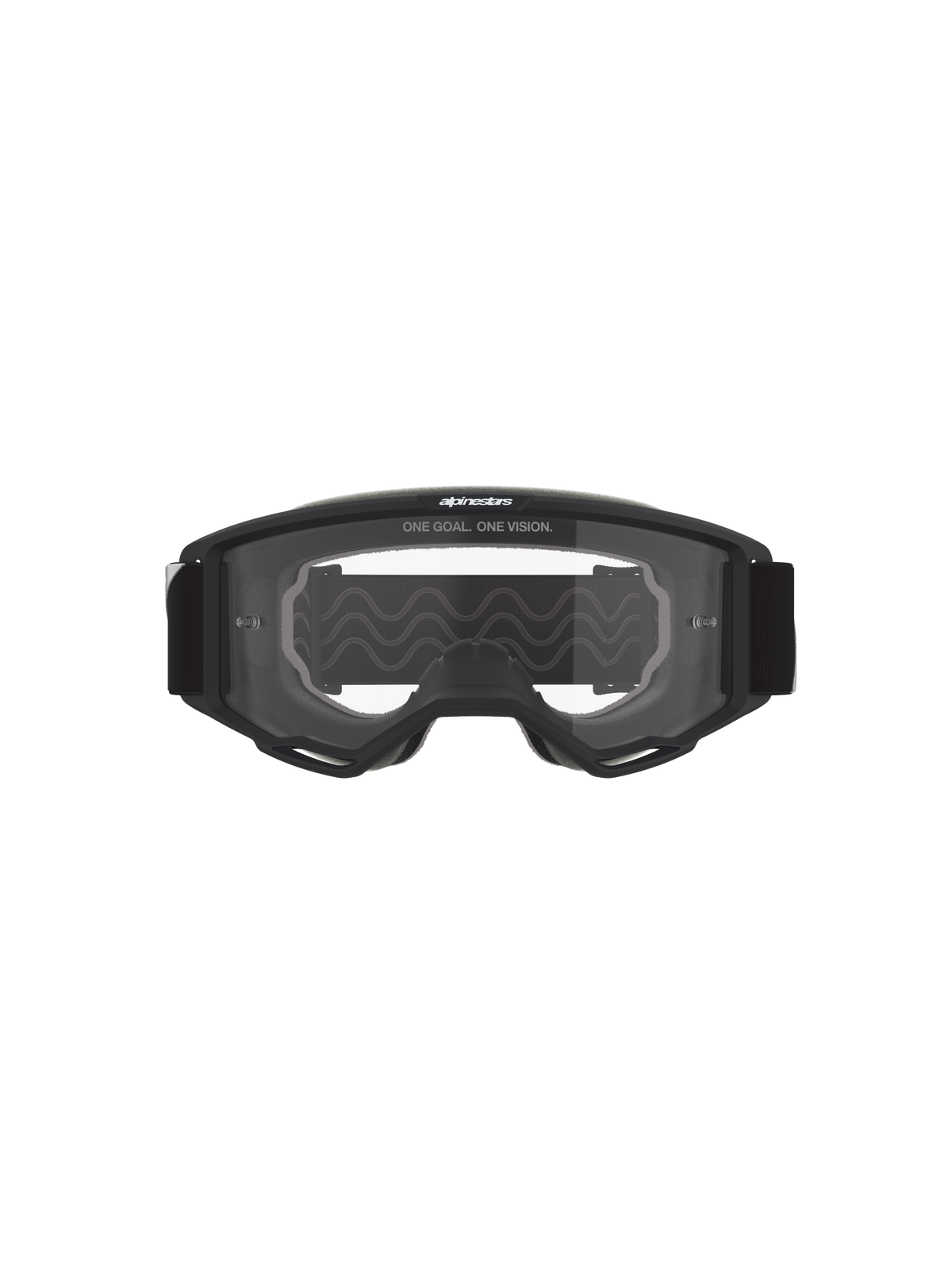 Alpinestars Vision Goggles OTG, Motocross Goggles, Black frame with clear lens, front view featuring 'ONE GOAL. ONE VISION.' text and brand logo, deep volume structure for prescription glasses compatibility
