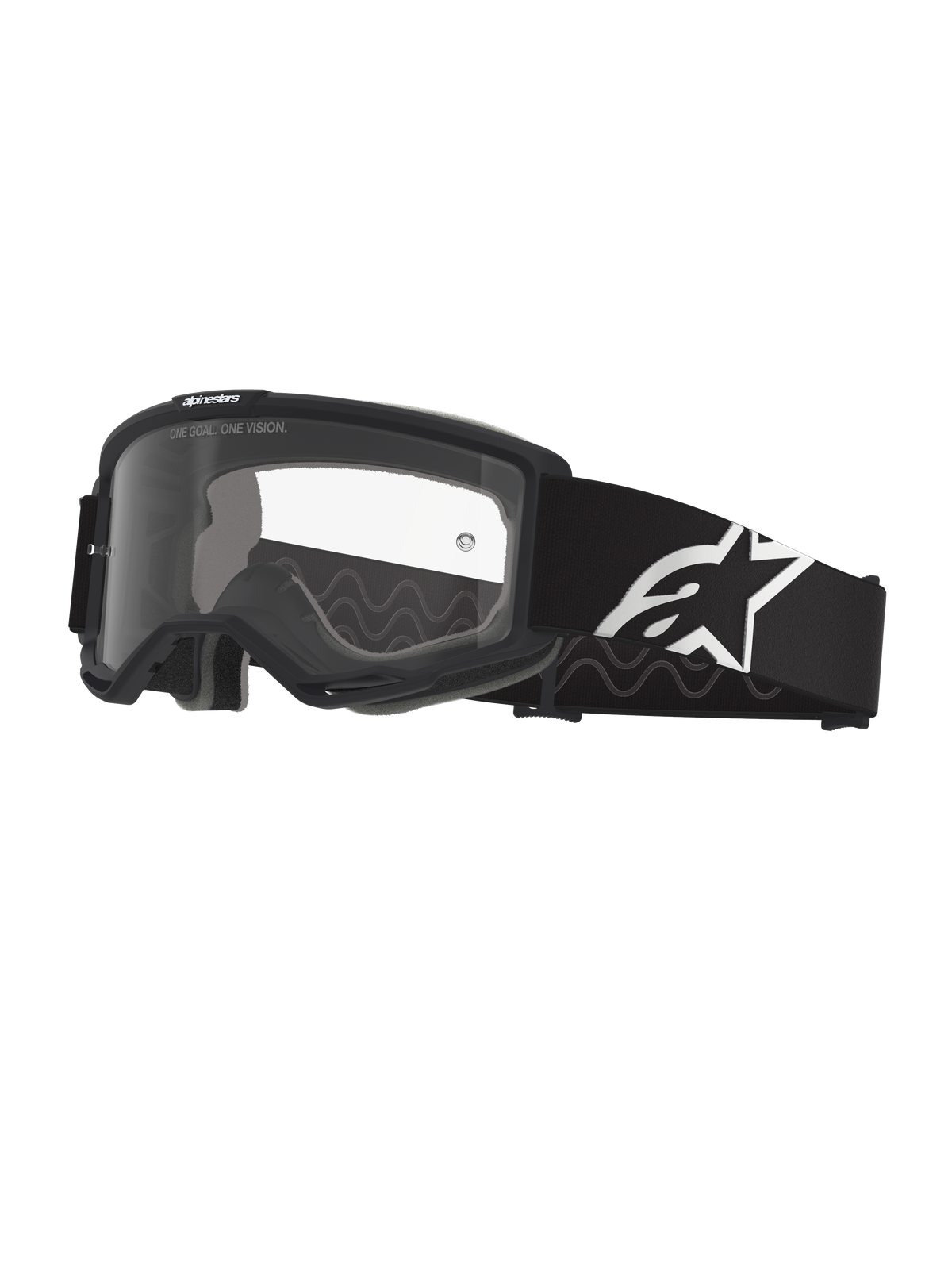 Alpinestars Vision Goggles OTG, Motocross Goggles, Black and Grey with Clear lens, wide black woven strap featuring white Alpinestars logo, deep volume frame designed for prescription glasses, protective eyewear for off-road riding