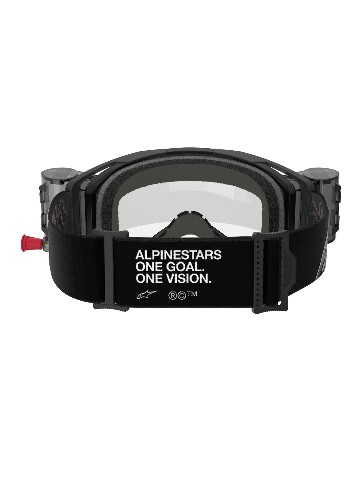 Alpinestars Vision 8 Corp Goggles Roll Off, rear view, black strap featuring white 'ALPINESTARS ONE GOAL. ONE VISION.' slogan, integrated roll-off canisters, clear lens, and foam padding for motocross racing