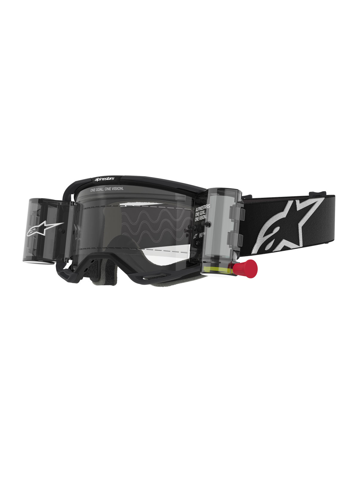 Alpinestars Vision 8 Corp Goggles Roll Off, Motocross Goggles, Black and Clear, integrated roll-off system with red pull-tab, black strap with white logo, wavy lens pattern with "ONE GOAL. ONE VISION." text, performance eye protection for off-road racing