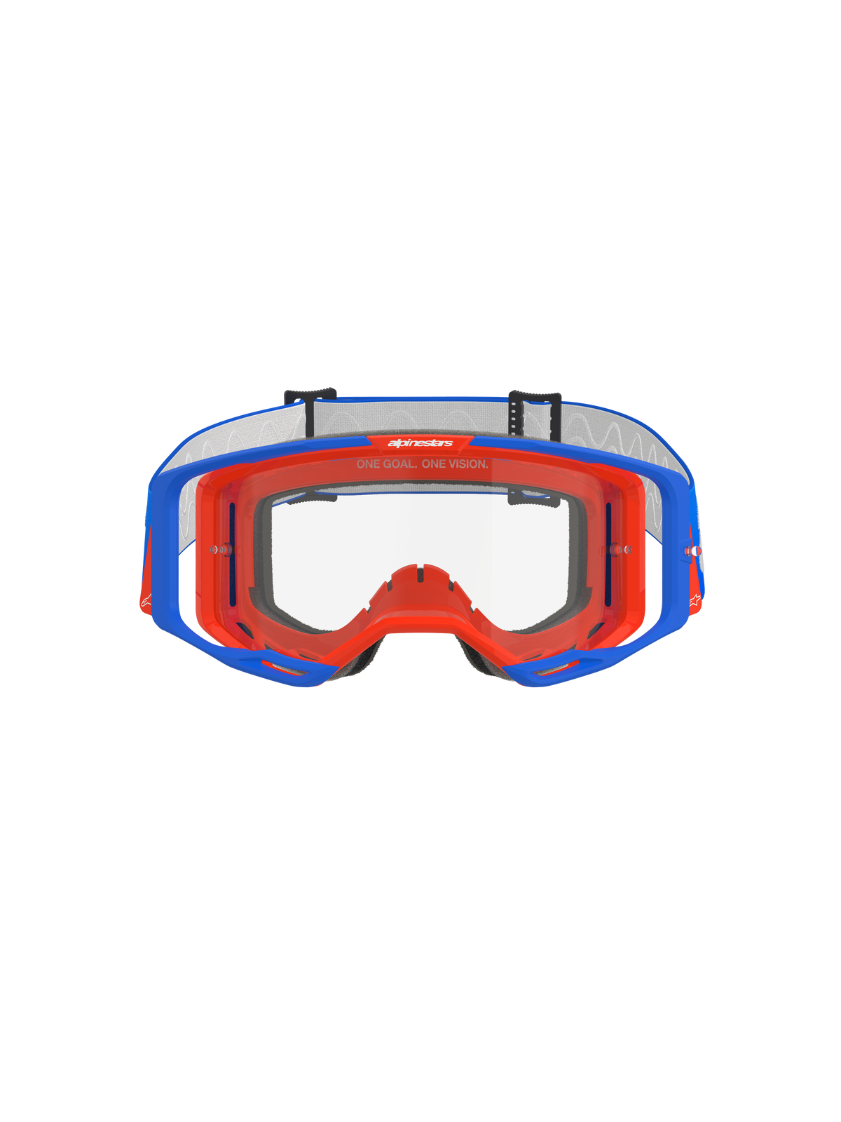 Alpinestars Vision 8 Wordmark Goggles, Motocross Goggles, Blue and Orange with Clear lens, front view, featuring a dual-tone flexible frame, wide peripheral lens design, and 'One Goal. One Vision.' branding on the upper inner frame.
