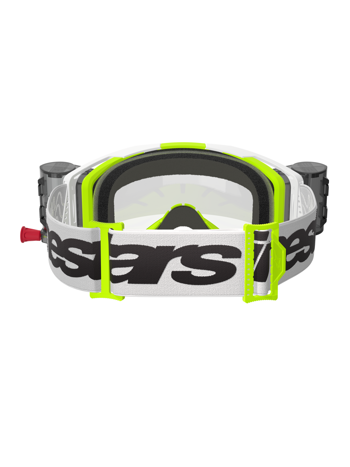 Alpinestars Vision 8 Wordmark Goggles Roll Off, Motocross Goggles, White and Fluorescent Yellow, Rear view showing white strap with black wordmark, neon yellow buckles, black 3D-molded face foam, and integrated roll-off system canisters